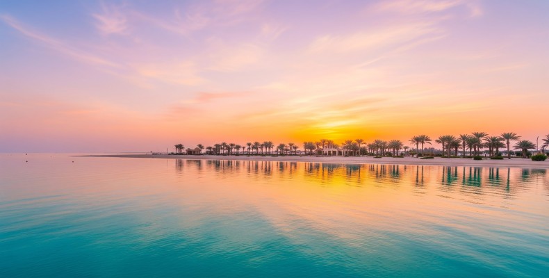 طلوع آفتاب کیش در ساحل مرجان با انعکاس نور روی آب