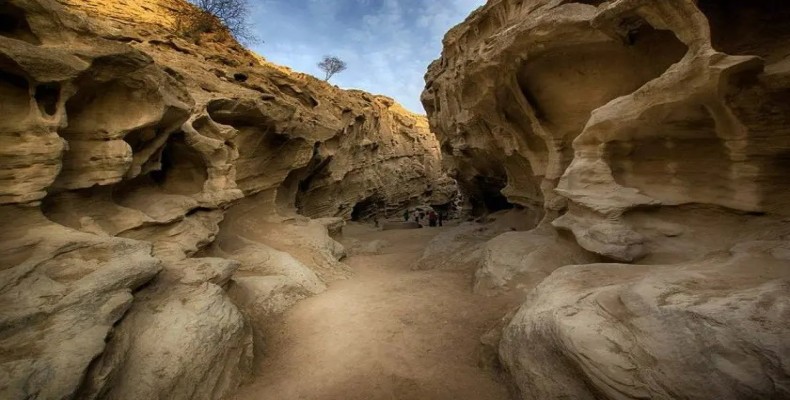 نمای نزدیک از دیوارههای سنگی و حفرههای طبیعی تنگه چاهکوه