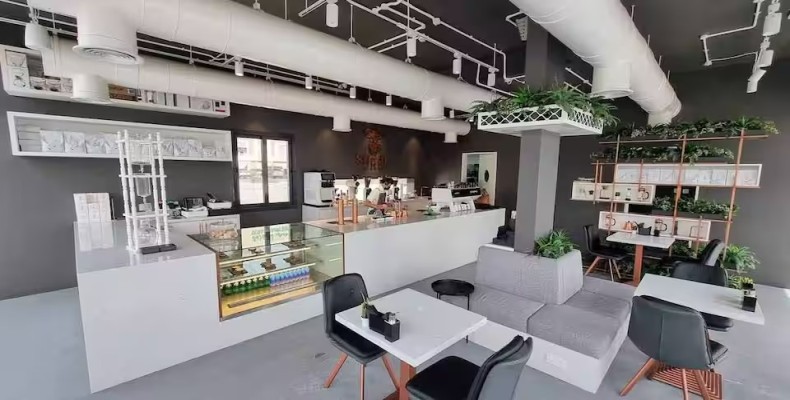 کافه سرج روسترز دبی با طراحی مدرن سفید و گیاهان سبز در گوشههای فضا