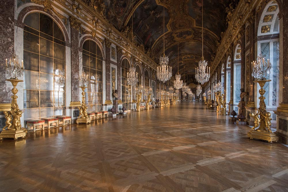 The Hall of Mirrors of the Palace of Versailles in Paris