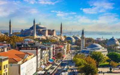 منظره هوایی استانبول با تنگه بسفر و ایاصوفیه برای معرفی شهرهای نزدیک به استانبول