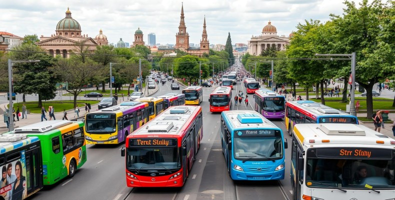 نمایی از حمل و نقل شهری ایروان شامل اتوبوسها و وسایل نقلیه عمومی